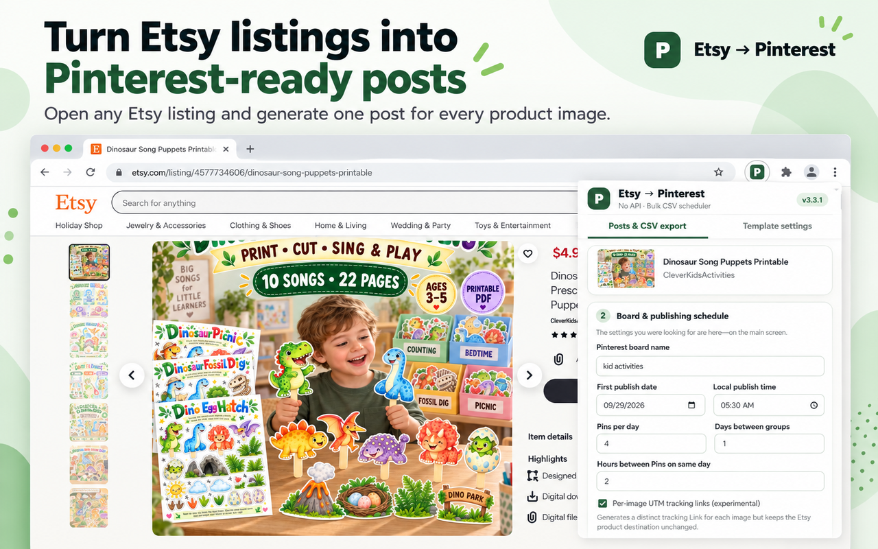 DigitalTemplate Etsy to Pinterest workflow preview showing the extension beside an Etsy listing